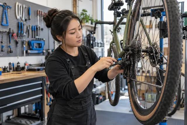 Bicycle technician servicing a bike in a workshop