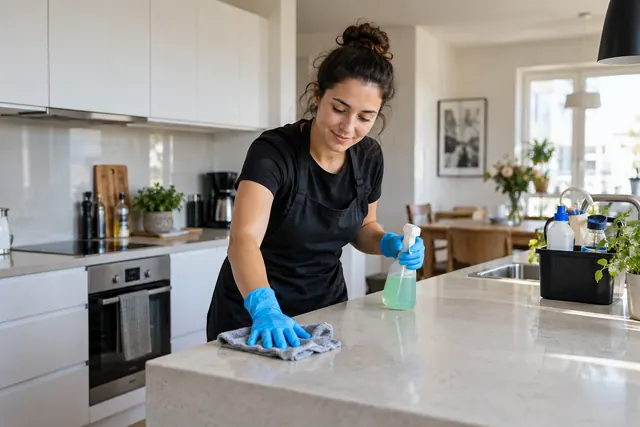 Home cleaner wiping down a kitchen counter