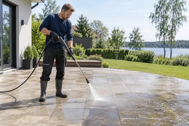 Outdoor cleaning professional pressure washing a patio