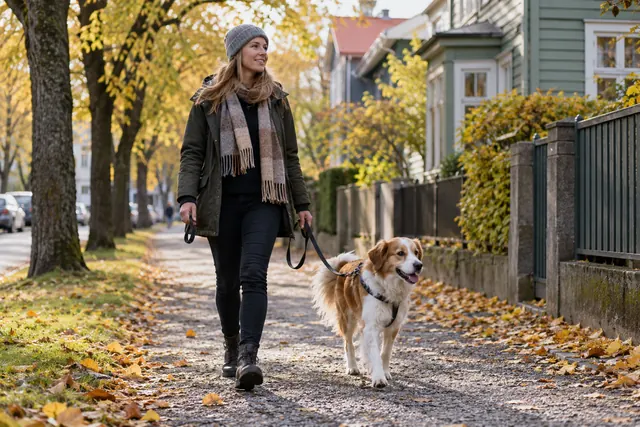 Dog walker taking a dog through a neighbourhood