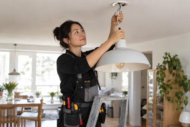 Electrician safely connecting a ceiling light