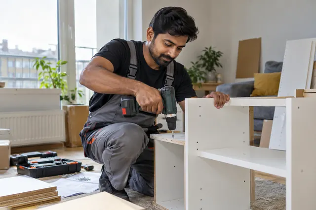 Furniture assembler using a drill to build a cabinet
