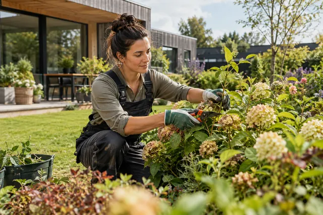 Gardener pruning flowers in a residential garden