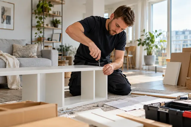 Furniture assembler building a shelving unit in a home