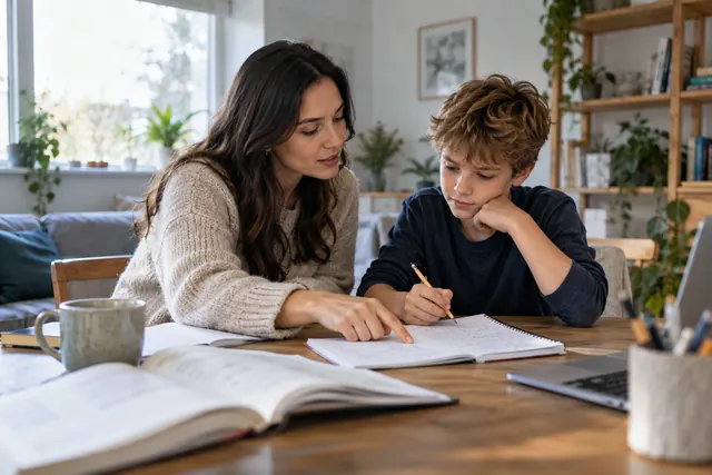 Teacher helping a student study at home