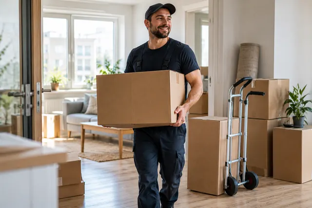 Mover carrying a packed box through a home