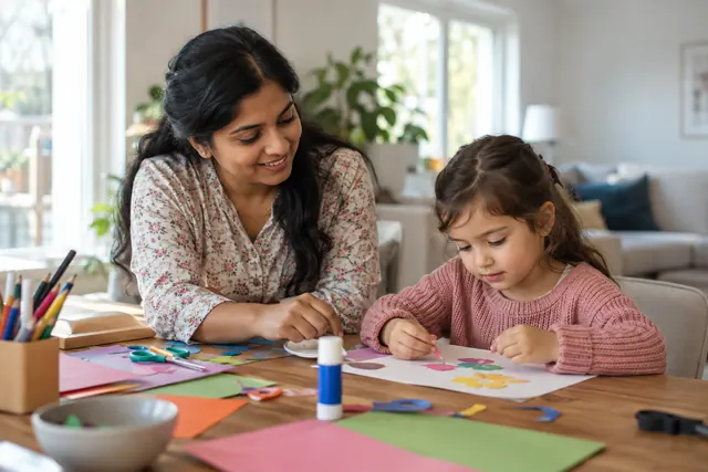 Nanny supervising a child's craft activity
