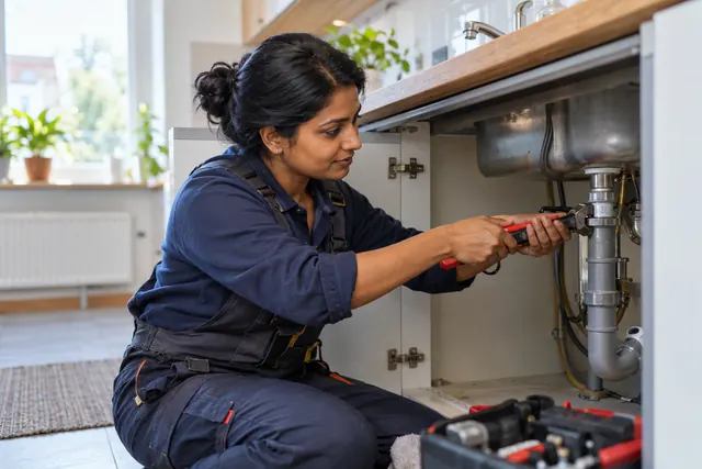 Plumber repairing pipework beneath a kitchen sink