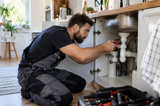 Plumber servicing the fittings beneath a sink