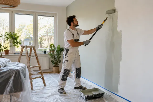 Professional painter renovating a living room wall