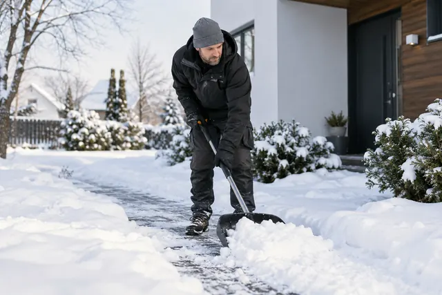 Snow clearance professional shovelling a residential path