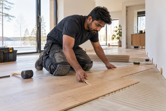 Flooring professional installing wood flooring